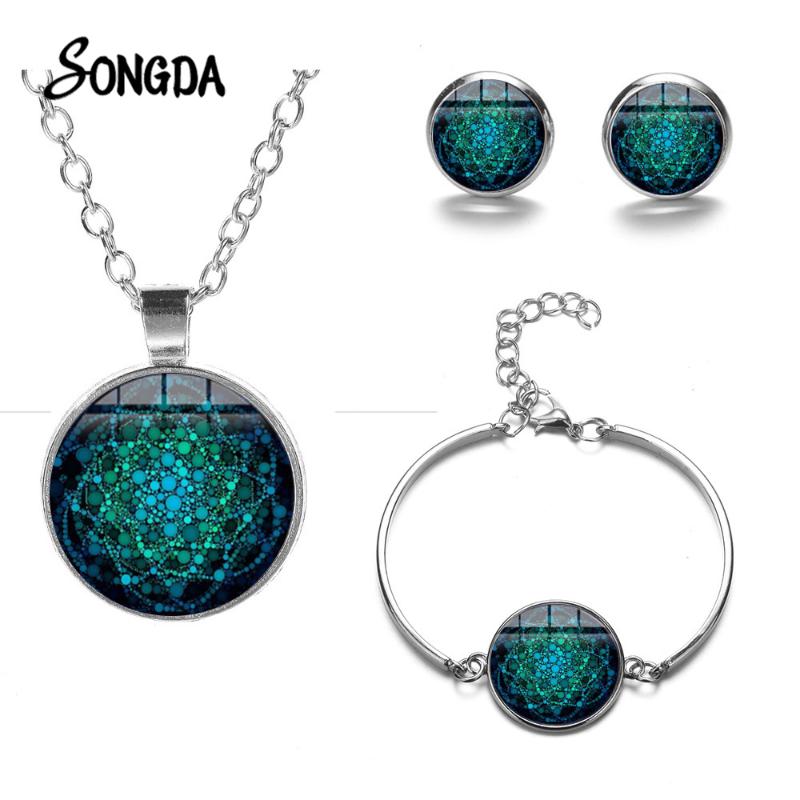 

Mandala Lotus Yoga Chakra Jewelry Sets Sacred Geometry Life Flower Pendant Necklace Earrings Bracelet Set for Women Girls, As pic