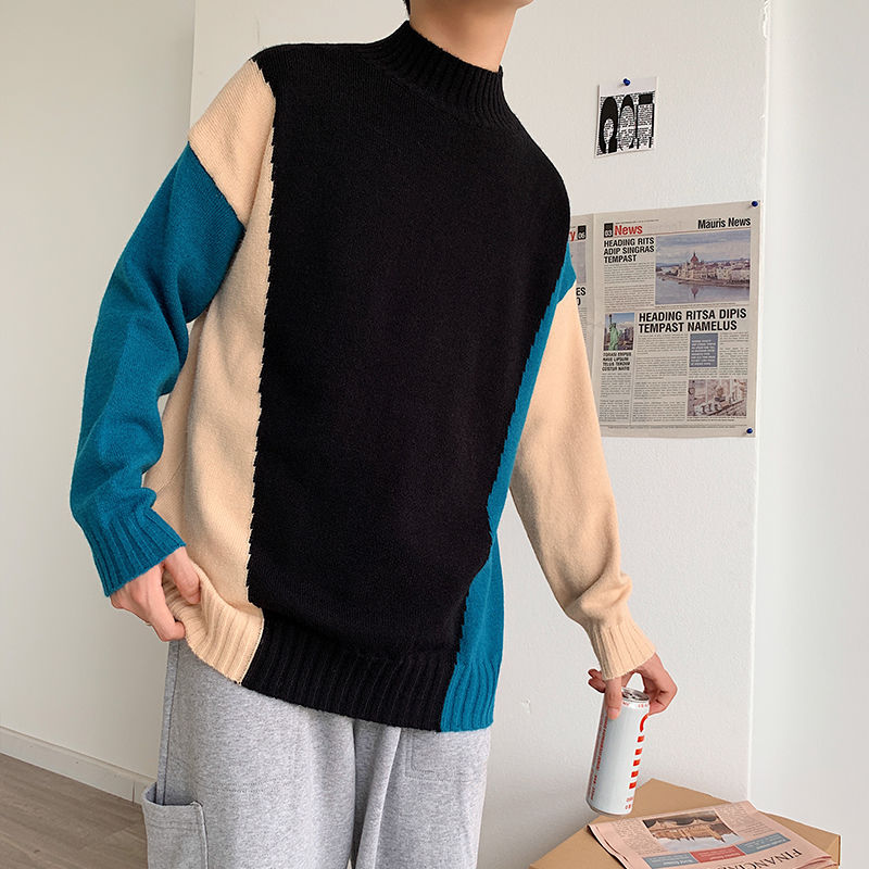 

2020 Winter Men's Hip Hop Stitching Color Knitting Cashmere Sweaters Clothes Wool Pullover Keep Warm Coats Big Size -7XL, My13 black