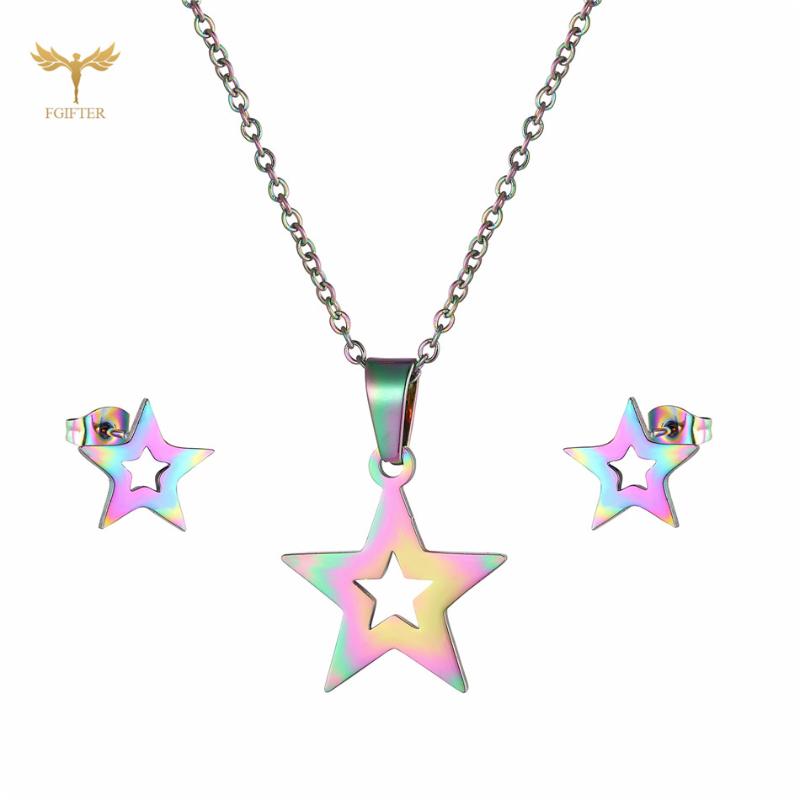 

Stainless Steel Jewelry Set Star Pendant Fashion Color Necklace Stud Earrings Women's Accessories, As pic