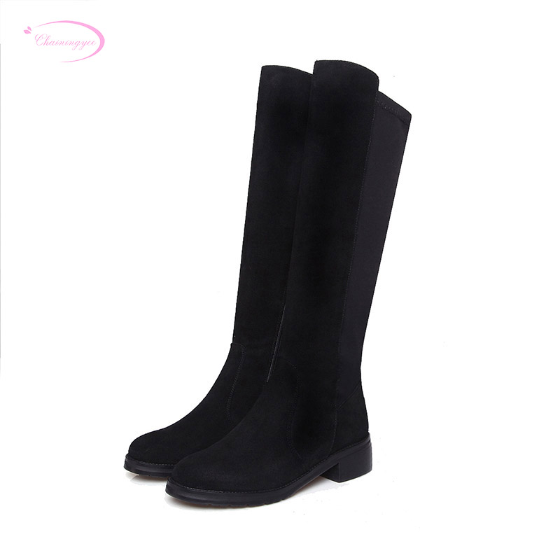 

Chainingyee leisure nubuck natural leather round toe knee high boots zipper elastic black middle heel women's riding boots