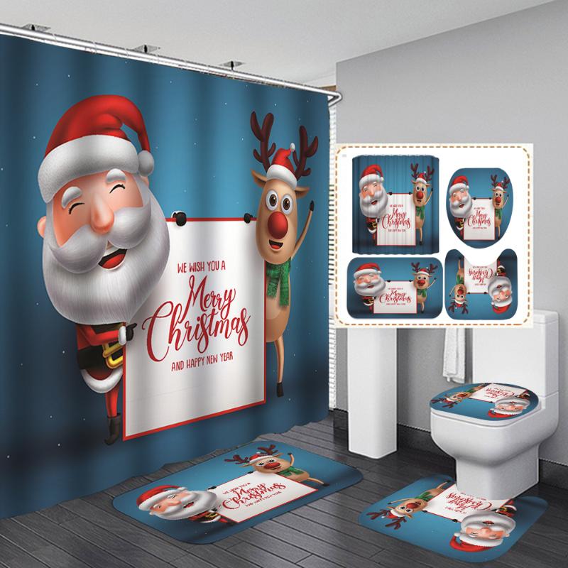 

Merry Christmas Bathroom Set Santa Elk Pattern Toilet Cover Mat Non Slip Rug and Shower Curtain Holiday Party Home Decoration