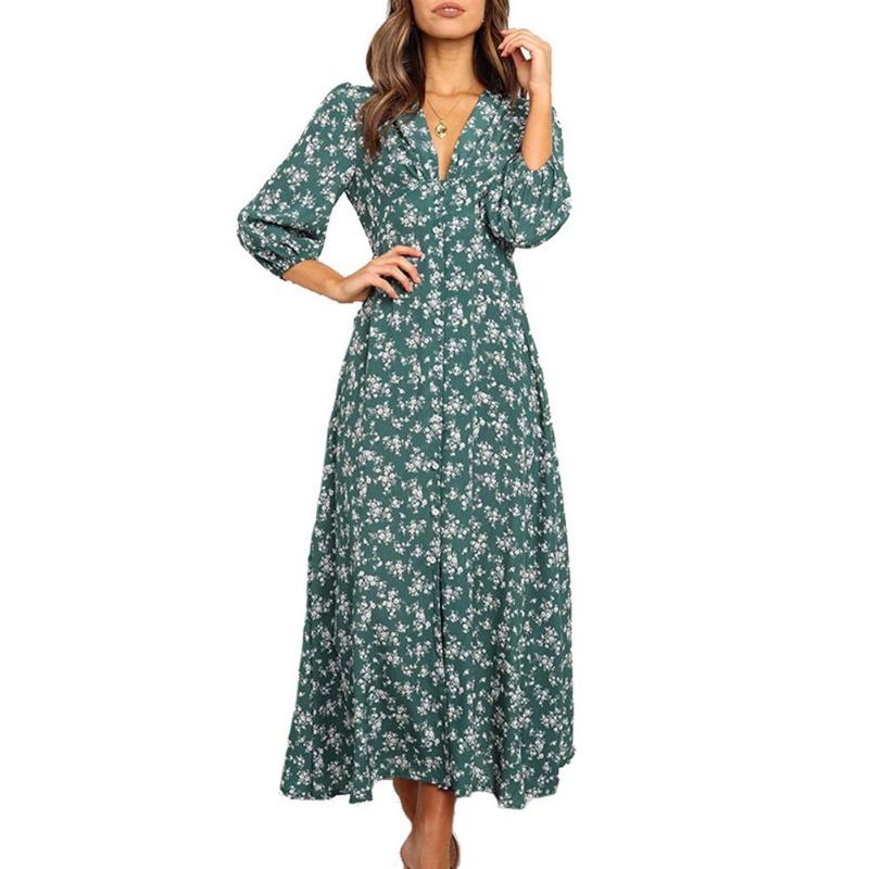 

woman dress Stylish Printing Long Sleeves High Waist Chiffon V Neck Elegant Maxi Dress dresses for women vestido de mujer 2020, Green