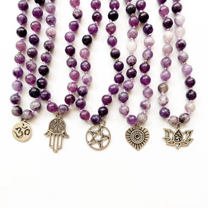 

6mm Natural Lepidolite Bracelet Beads Necklace 108 Prayer Beads Tibet Buddhist Mala Bracelet Hand Knotted Om Lotus 1pc