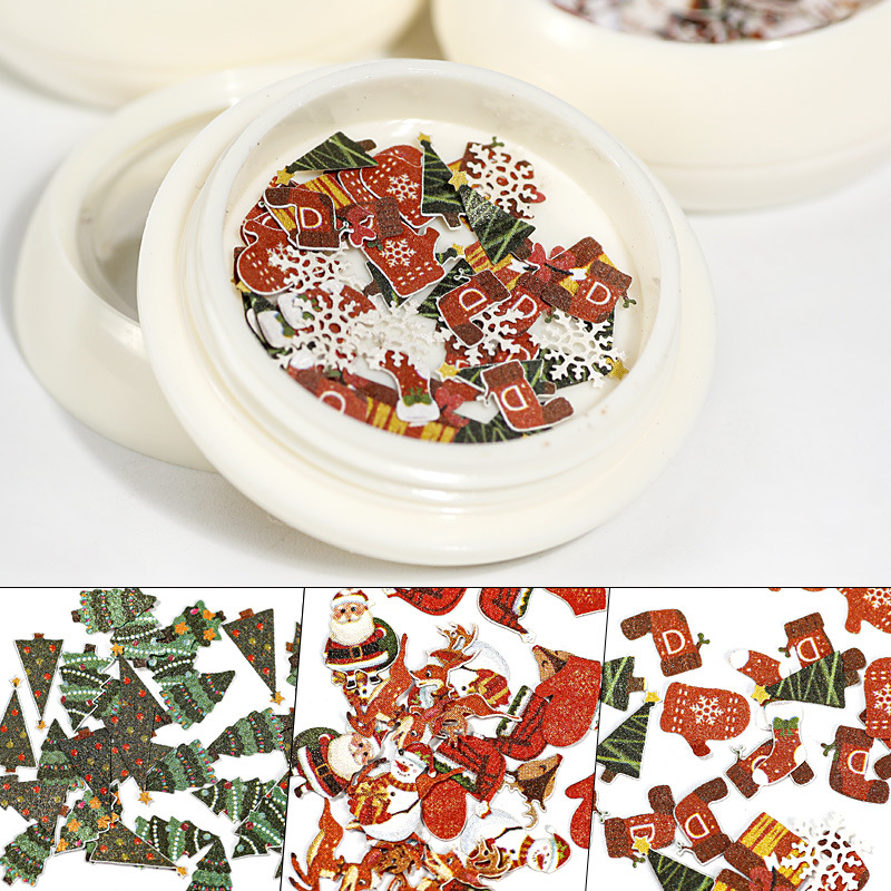 

1bag Christmas Nail Sequins Snowflakes 3D Nail Sticker Wood Pulp Paper Winter Theme Snowman Tree Charm Art Decoration