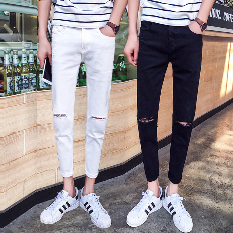 

Wholesale 2020 teenagers street Men's ankle length Jeans boy Ripped Holes Slim Feet Summer Youth Pants Trendy pencil Pants, Black