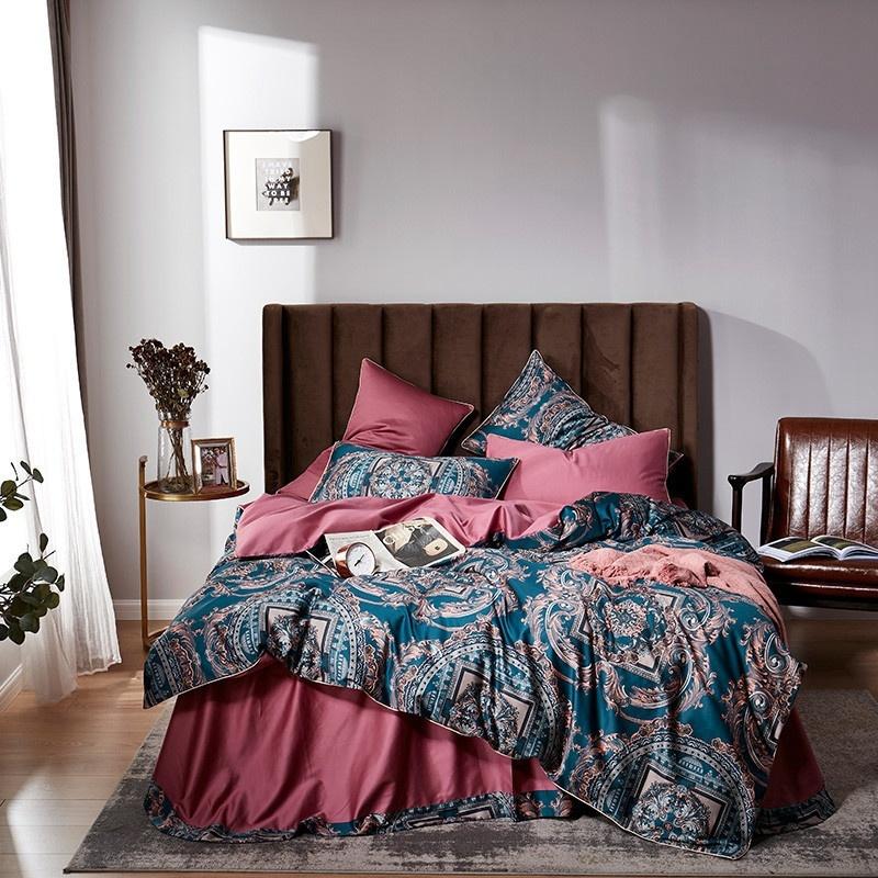 

Modern Vintage Bright Quilt/Duvet Cover set Egyptian Cotton Ultra Soft Silky Bedding Set Bedsheet  Queen King size 4Pcs, Color 14