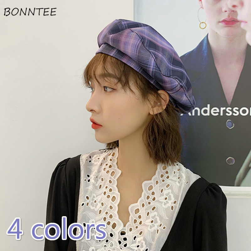

Berets Women Chic Plaid Purple Vintage Simple Basic Summer Autumn Teens Hats Elegant Harajuku Fashion Korean Womens Beret Caps, Khaki