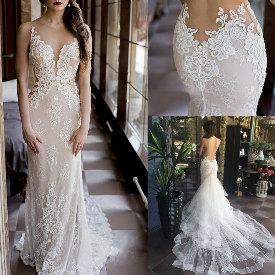 

Charming Illusion Tulle O-neck Neckline Sleeveless 3D Flower Mermaid Wedding Dress with Lace Applique Court Train Bridal Dress, Same as image
