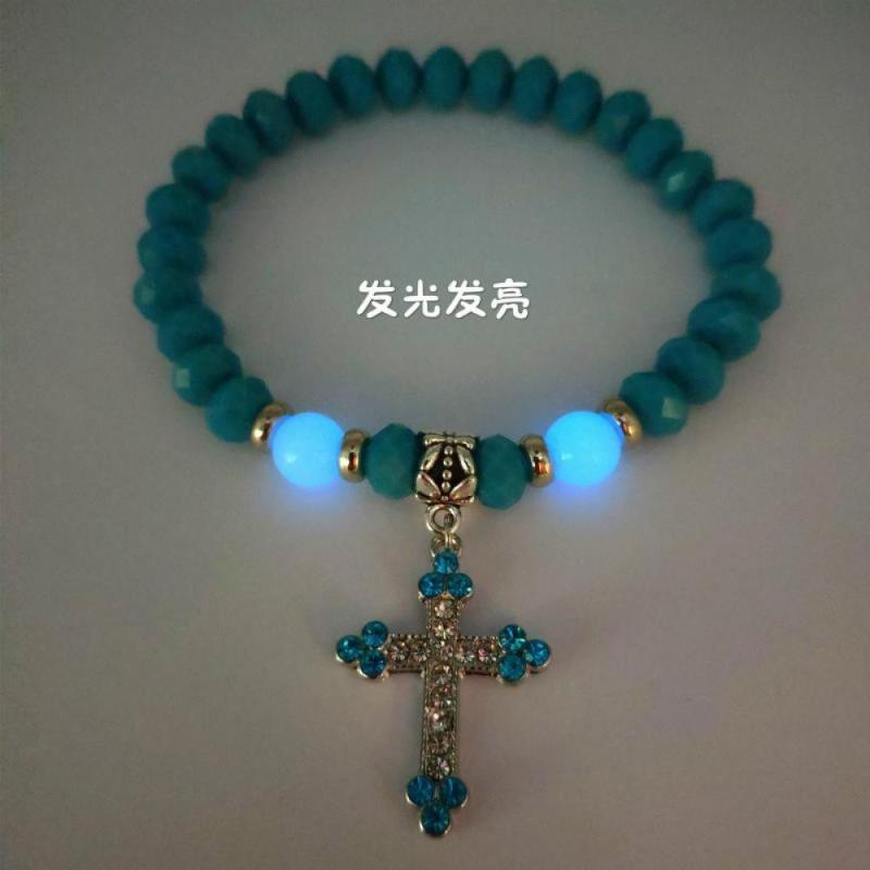 

New 8mm Classic Cross Fluorescence Bracelet Men Punk Luminous Jewelry Fashion Glass Bead Glow In The Dark Women Charm Bracelet