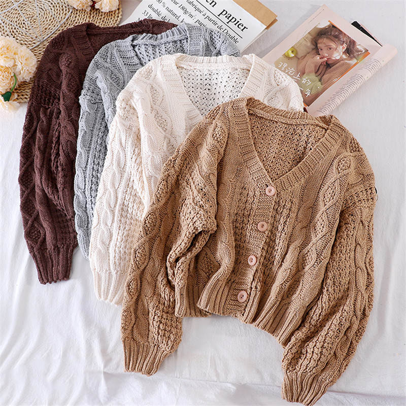 

New Autumn Winter Women Long Sleeve Sweater Casual Loose V-Neck Twist Knitted Cardigan Female Short Hollow Out Jacket Tops A1979, Gray