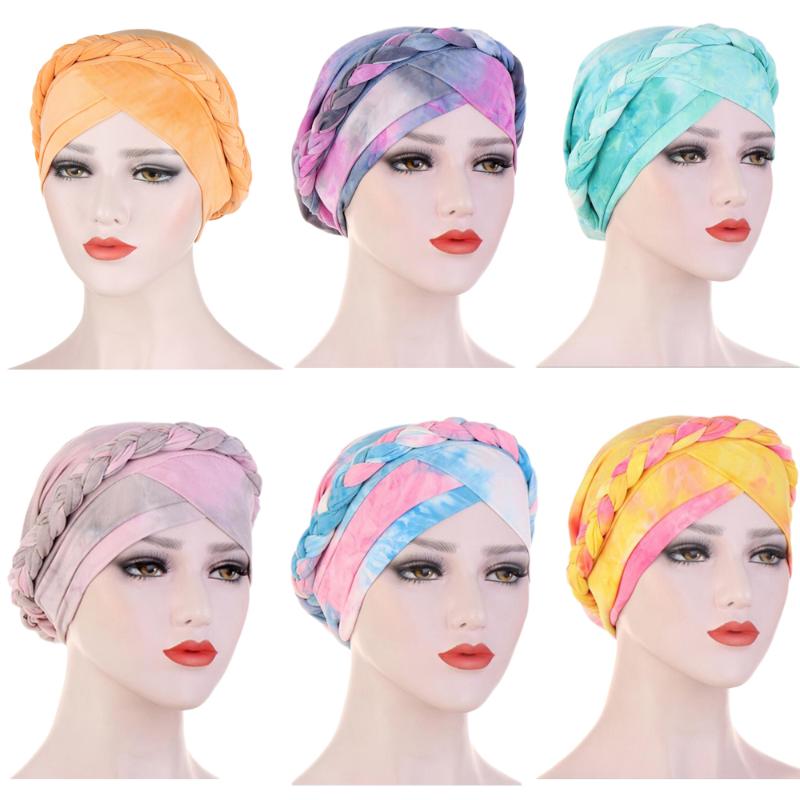 

Muslim Women Braid Tie Dye Elastic Turban Hat Chemo Cancer Cap Arab Head Scarf Wrap Cover Headscarf Islamic Bandanas Accessories, 07 rose gray
