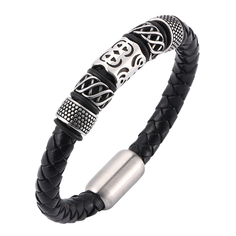 

Fashion business men's woven black leather bracelet Stainless steel magnetic buckle creative simple charm bracelet 7-SP0095