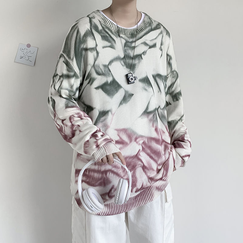 

Winter Tie-dye Sweater Men's Warm Fashion Retro Casual Knitted Pullover Men Loose Korean Knitting Sweaters Mens Clothes M-3XL, Palm color