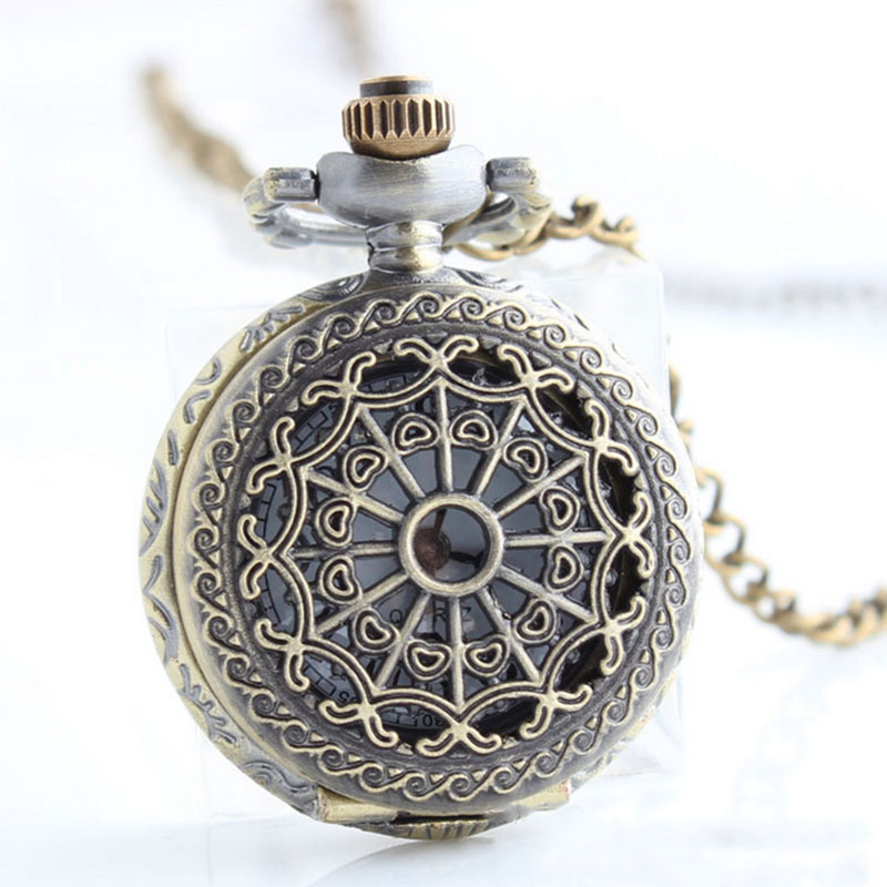 

New Women Men Pocket Watch Retro Bronze Tone Round Shape Spider Web Pattern Watches With Chain Necklace Clock