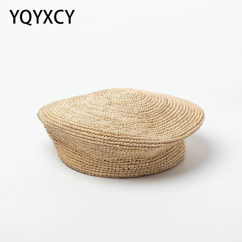 

Summer Handmade Crochet Straw Beret Women Hat Cap Ladies Fashion Stage Show Boina Gorras Painter Cap Flat Adjustable New, As pic