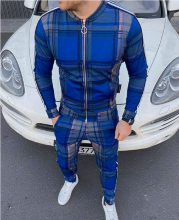 

Mens New Fashion Tracksuits Mens Plaid Print Two-piece Suits 2020 New Plaid Jacket + Long Pants Casual Men's Suits, Color2