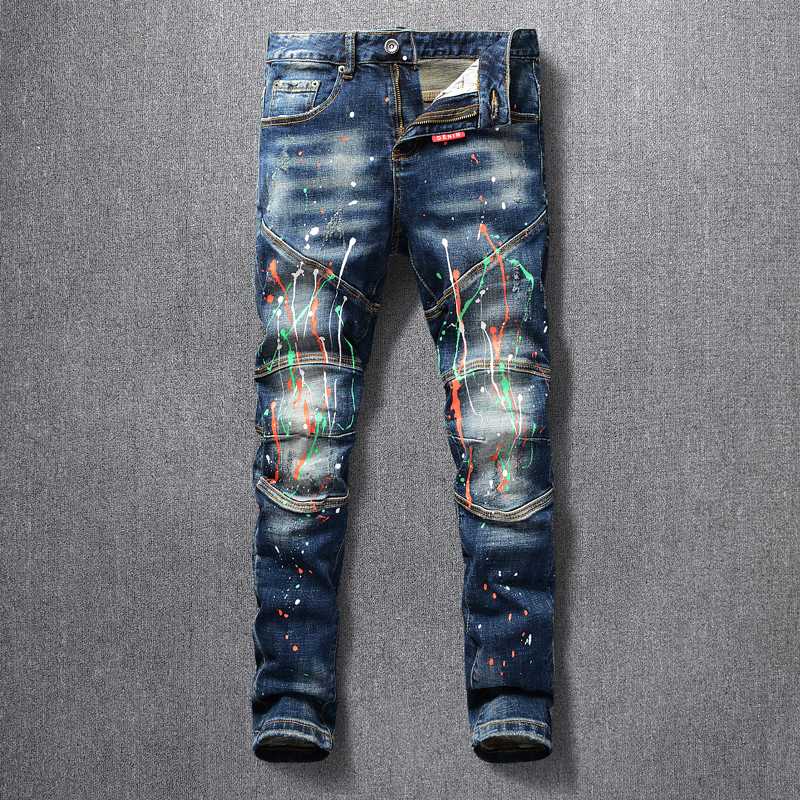 

American Streetwear Fashion Men Jeans Retro Blue Washed Slim Fit Paint Designer Hip Hop Pants Spliced Elastic Biker Jeans Homme