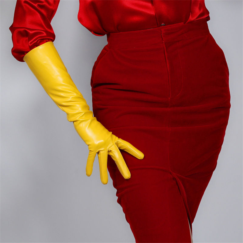 

LONG GLOVES Faux Leather Lambskin Sheepskin 16" 40cm Elbow Gingar Mustard Yellow WPU148