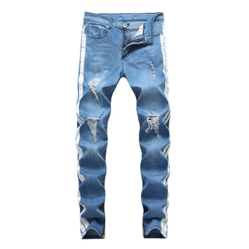 

Man Blue Ripped Jeams Fashion Trend Distressed Holes Denim Pencil Pants Designer Mens Pockets Stretch Slim Casual Jeans, Jean 2