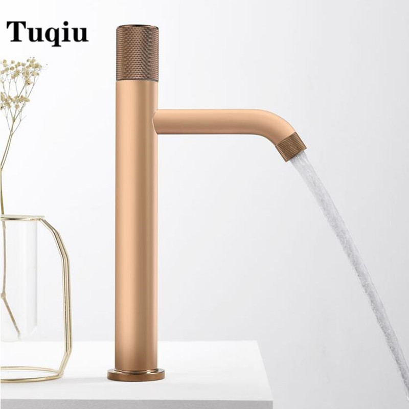 

New Tall Sink faucet bathroom slim hot and cold Rose Gold basin water mixer tap bathroom sink faucet art carved brass tap