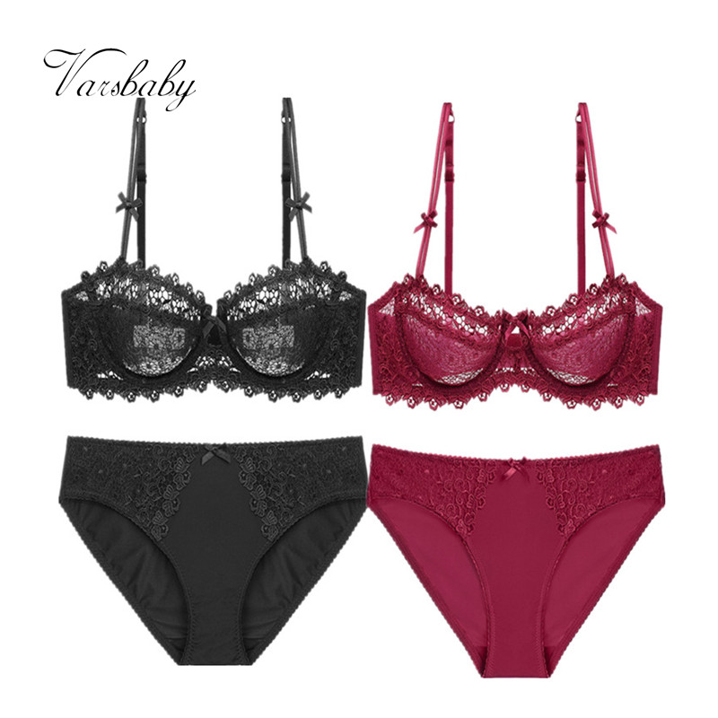 

Varsbaby Sexy Transparent Lace Half Cup Lingerie Ladies Unlined 2 Bra Sets/lot, Blue and wine red