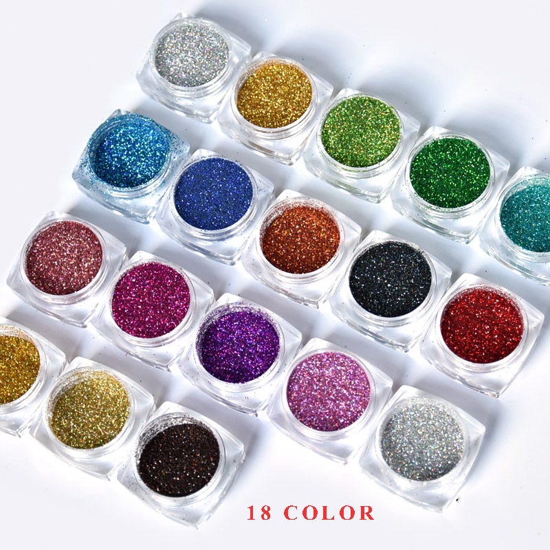 

18 jar/lot 0.2mm Laser Nail Art Glitter Powder(1/128 .008) Extra-fine Shinning Holographic-Laser Dust Powder Glitter Nail Powder