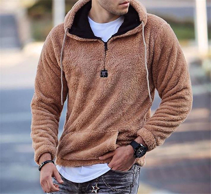 

Fashion Mens Soild Color Hoodies Warm Plush Long Sleeve with Packet Designer Loose Hooded Casual Clothing, Khaki