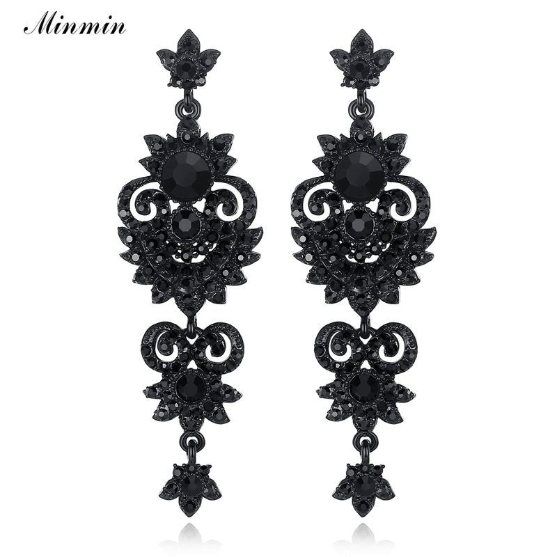 

Minmin Luxury Floral Black Color Vintage Earrings Unique Design Crystal Long Drop Earrings Women Fashion Jewelry 2020 MEH938