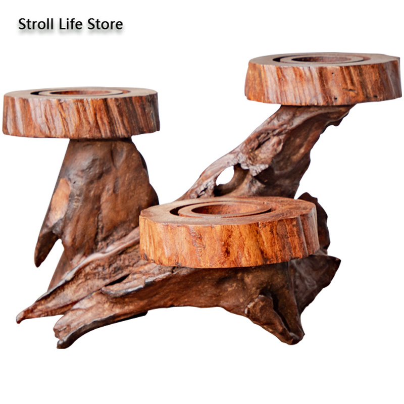 

Vintage Wooden Three Head Candlestick Retro Candle Holders Creative Table Light Holder Bougeoir Gift Home Decoration FC475