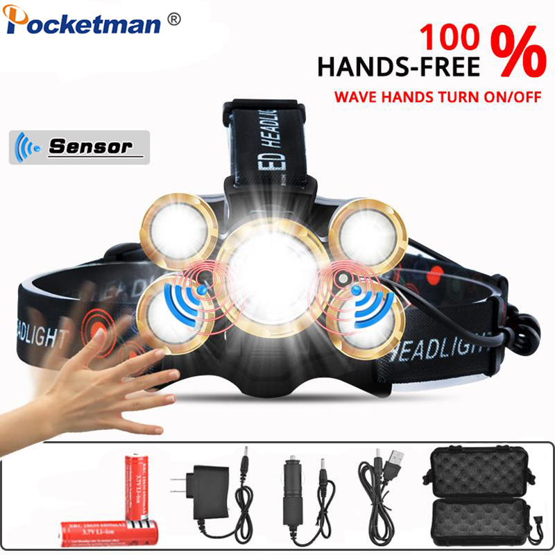 

T6 Sensor LED Headlamp Super Bright 50000LM Headlight Zoomable Head Torch Waterproof Head Rechargeable 18650 Battery
