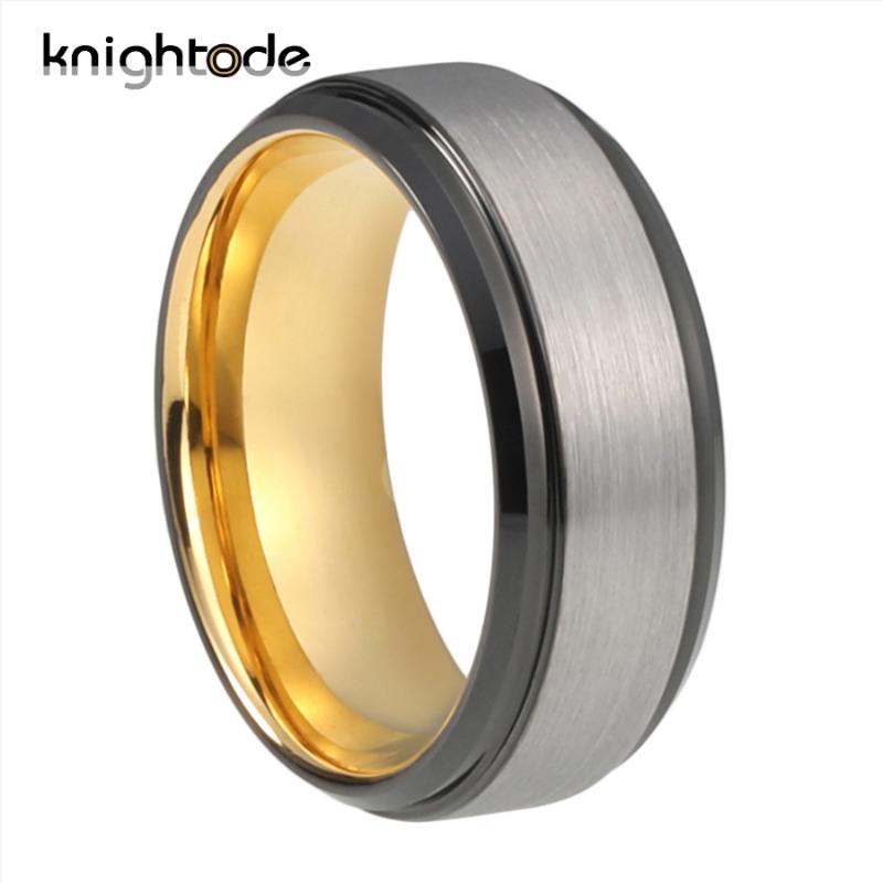 

8mm 2 Color Men Women Gold Tungsten Carbide Ring For Fashion Wedding Ring Black Beveled Stepped Edges Brushed Finish