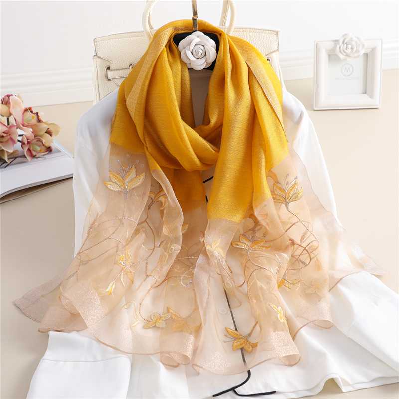 

Foulard Silk Wool Scarf for Women 2020 New Floral Embroidery Lady Winter Shawls and Wraps Female Warm Scarves