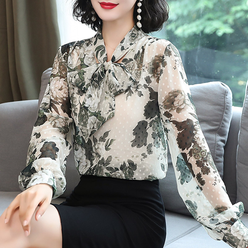

Roupas Feminina Autumn 2020 New Ink Flower Print shirt Elegant Bow tie Chiffon blouse Fashion Women Tops, Ph