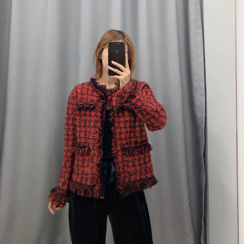 

Autumn Frayed tassel Woven Houndstooth Knitted Cropped cardigan Twill Soft tweed jacket Elegant Vintage Casaco feminino jaqueta, Red