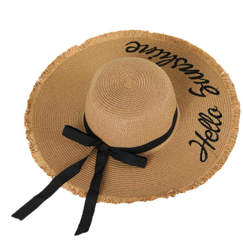 

New Handmade Hello Sun Shine Sun Hats For Women Bow Ribbon Large Brim Straw Hat Outdoor Beach hat Summer Caps Chapeu Feminino, Khaki