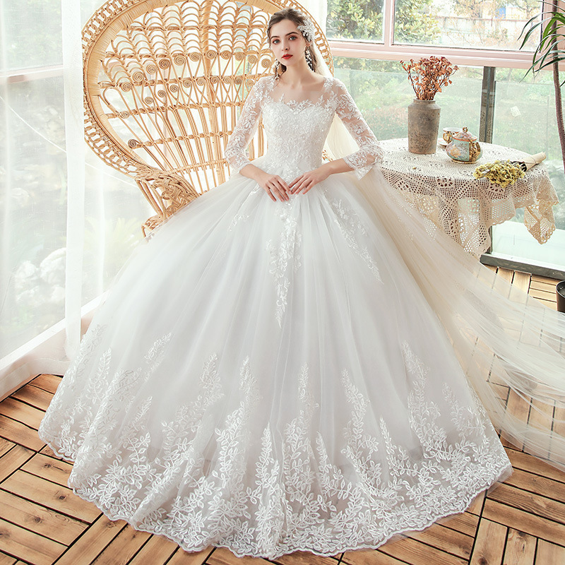 

Feerijt Noble O Neck Three Quarter Sleeve Wedding Dress 2020 New Bridal Gown Beautiful Lace Flower Plus Size Vestido De Novia, Off white