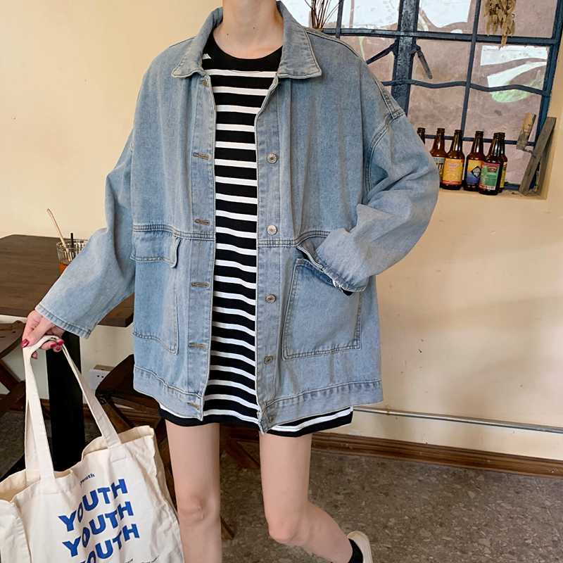 

women denim jacket oversize pocket blue turn down collar