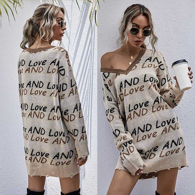 

Pullover sweater new sexy letters casual mid-length sweater women autumn and winter fit all-match, Apricot