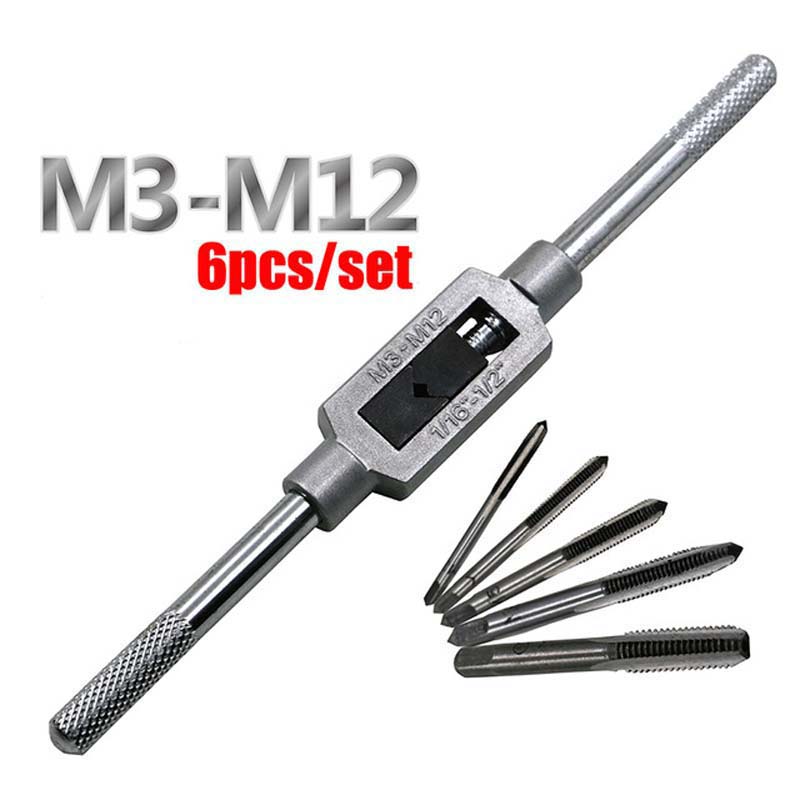 

6pcs 3F Hand Screw Thread Metric Plug Tap Set M3 M4 M5 M6 M8 with Adjustable Tap Wrench 1/16-1/4