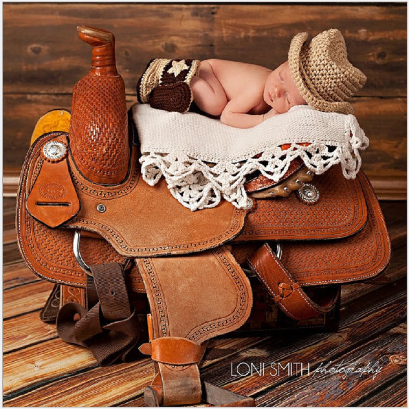 

New born Baby Boy Cowboy Style Handmade Crochet Photography Outfits Props Infant Baby Beanies Photo Shoot Props Costume Costume, Brown