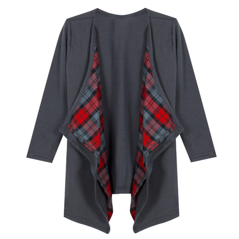 

2020 Spring Autumn Women Cardigan Overcoat Deep Gray Coat Inside Red Plaid Soft Outerwear Lady Casual Open Stitch Tops Cardigan, As pic