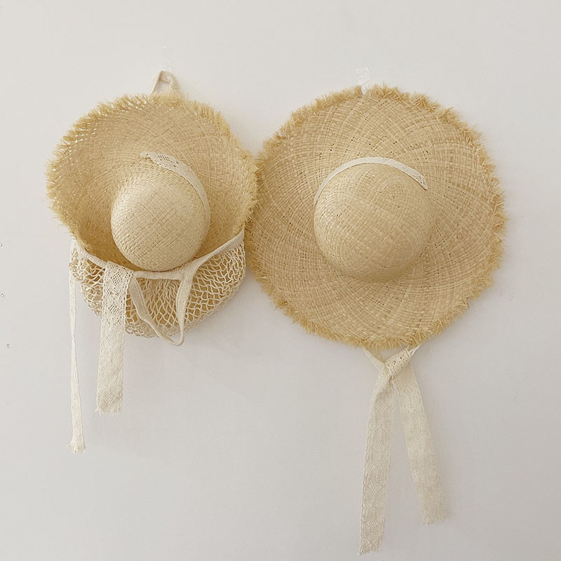 

Cute Children Sun Hats Bow Hand Made Straw Beach Brim Girls Lace Windproof Cord Beach Sun Hat Mother And Daughter Hat, Kids(52cm)