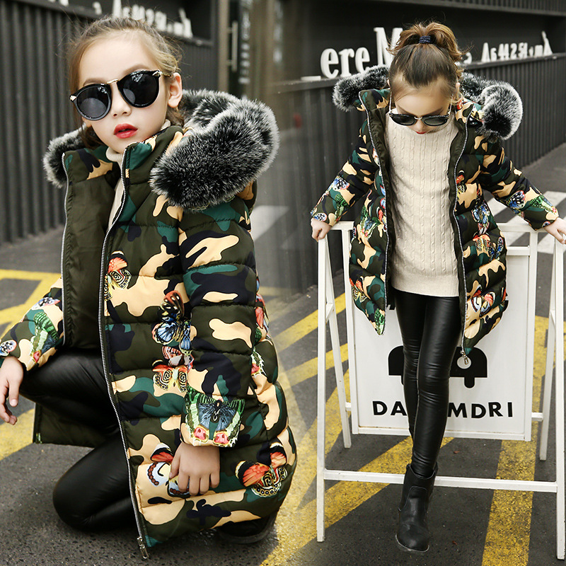 

Girls' cotton jacket children's down cotton jackets Printed cartoon butterfly camouflage girls winter jackets kids clothing designer, Blue;gray
