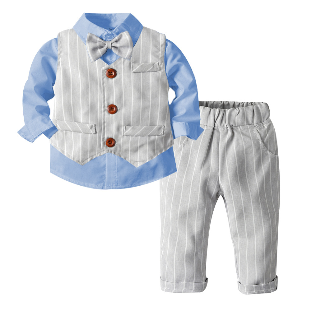 

2020 children's clothing new color matching lapel lattice long-sleeved shirt strap trousers tops Fashion cartoon boy suit+ pants, Red