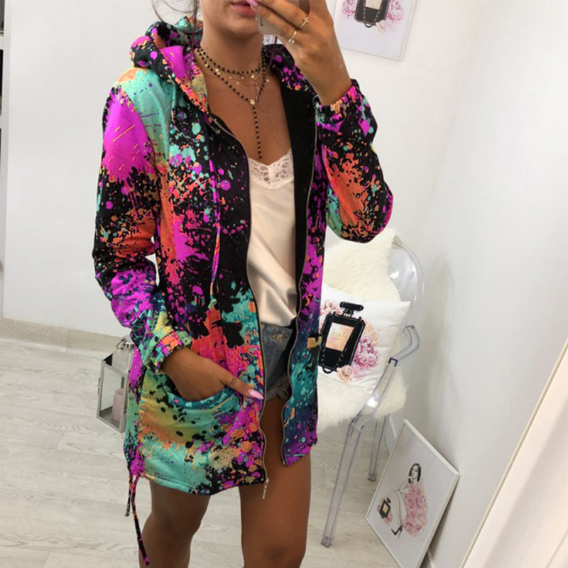 

Women Print Bomber Jacket Coat Casual Windbreaker Thin Slim Overcoat Spring Autumn Female Pocket Zipper Hooded Outwear, Black