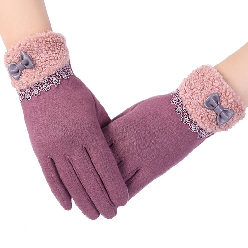 

CHSDCSI Full Finger Mittens Wrist Guantes Gift Elegant Womens Touched Screen Gloves Winter Ladies Lace Warm Cashmere Gloves Bow