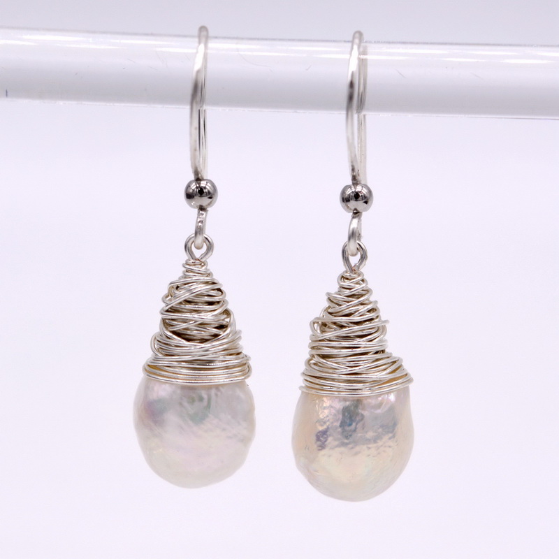 

Small design white earrings, natural baroque pearls, ladies pearl earrings, silver thread, handmade, unique silver earrings
