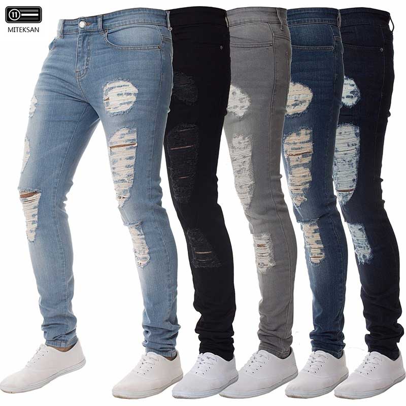 

MITEKSAN New Jeans Men Casual Joker Hole Denim Pants Skinny Cowboy Slim Fit Vintage Fashion Male Jeans Homme Trousers 2020, Black