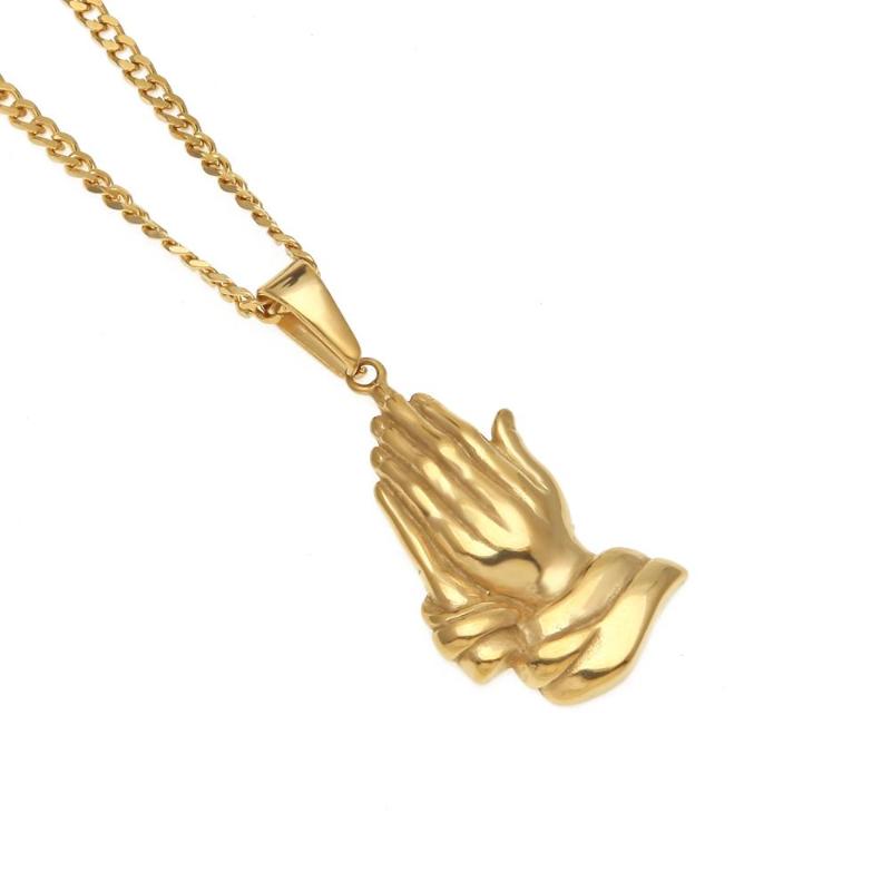 

Gold Tone Stainless Steel Praying Hand Buddhist Hand Pendant Necklace For Women Men's Christian Apostle Necklace Free 3mm