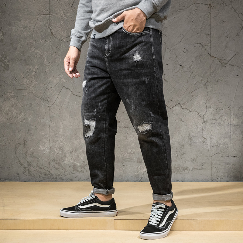

2020 Summer New Men's European and American Ripped Jeans Loose Patch Straight Denim Trousers, Black